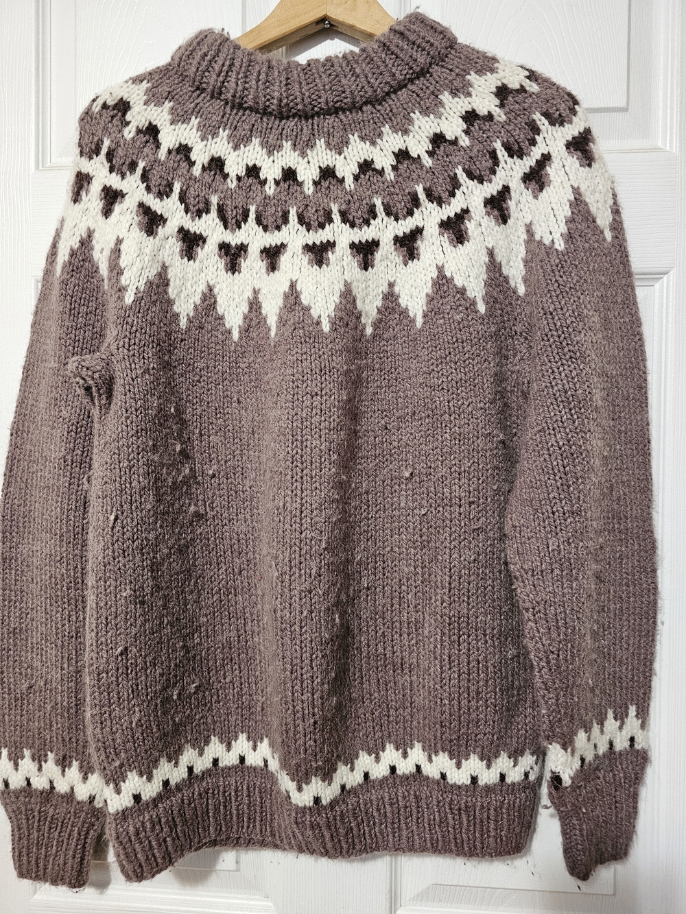 Handknit Nordic Fair Isle Yoke Sweater Brown White Chunky Knit Pullover Size L
